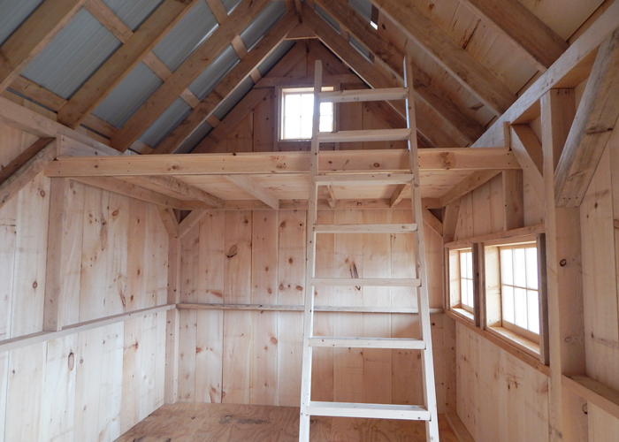 16x16 Hobby House Interior post beam tiny house loft woodstove ohio